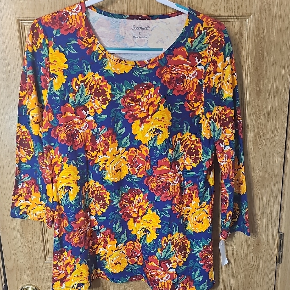 Serengeti Women's Floral Long Sleeve Top - Blue, Red, and Yellow